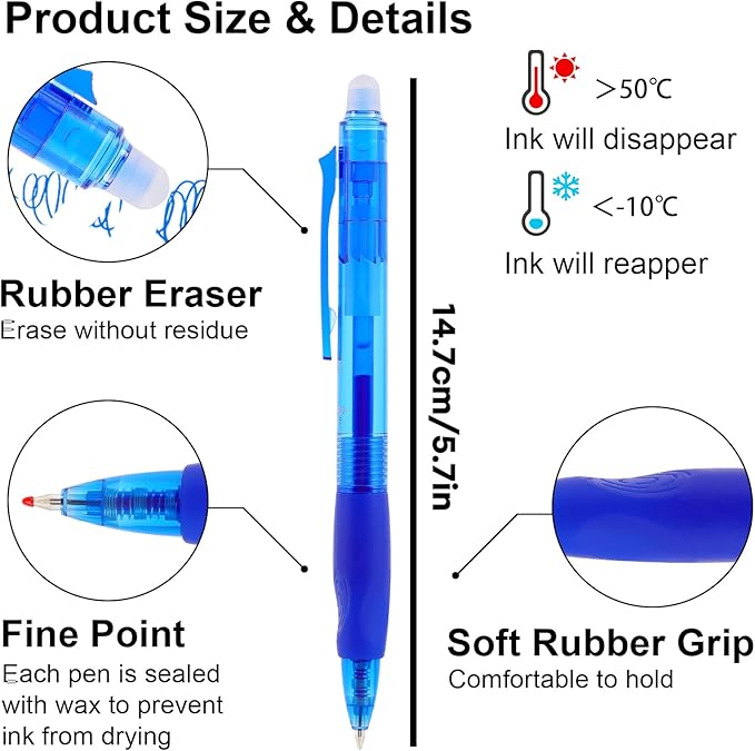 USUAL Retractable Erasable Pens 12 Blue Erasable Gel Pen 0.5mm Erasable Gel Pens Black Make Mistakes Disappear Smooth Writing Pen Office Back-to-School Supplies (Blue)
