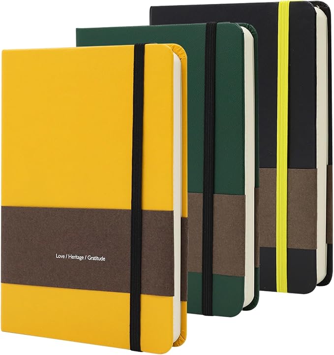 A6 Leather Hardcover Notebook- 3Pack 192 Pages Thick 100GSM Paper, Dotted/Grid/Blank, with Elastic Band & Inner Pocket for Writing, Sketching, Journaling