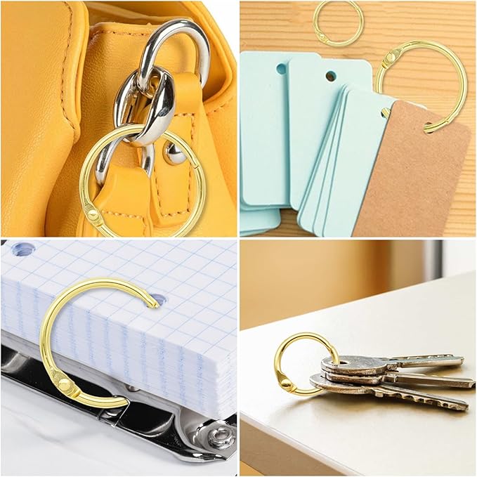 60 Pcs Binder Rings Assorted Sizes (1/2", 3/4", 1", 1-1/4", 1-1/2", 2"), Loose Leaf Binder Book Rings, Metal Index Card Rings Binder Clip Rings for Flash Cards, Key Rings, Index Cards (Gold)
