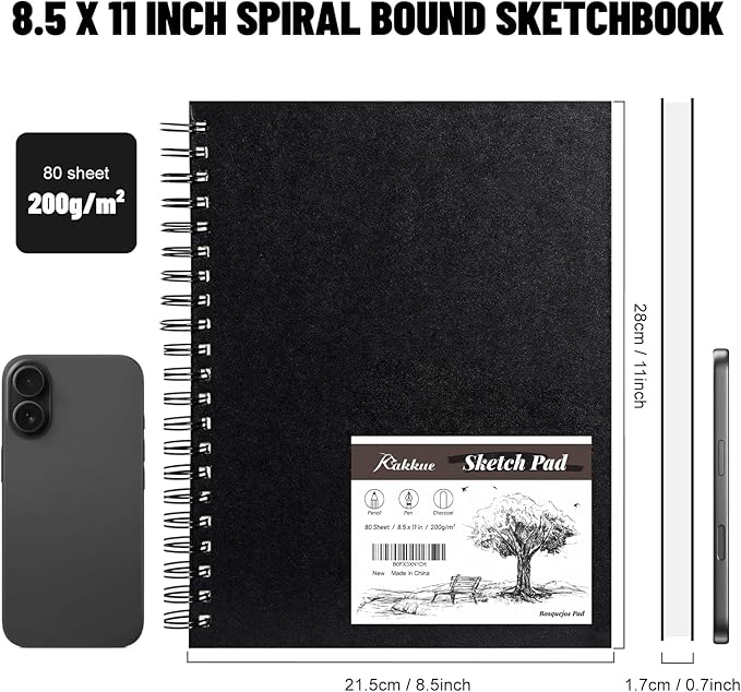KAKKUE 8.5" x 11" Hardcover Sketchbook, 200gsm/80 Sheets Professional Thick Drawing Paper, Spiral Bound Pad, Acid-Free Perforated for Mixed Media, Sketching & Illustration, for Artists & Kids