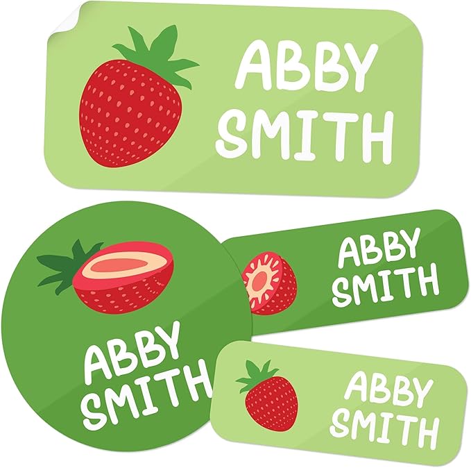Personalized Daycare Name Labels for Kids, (130 Pack) Waterproof Custom Name Stickers for Clothing Tags, Lunch Boxes and School Supplies, Made in USA by MSC -Strawberry