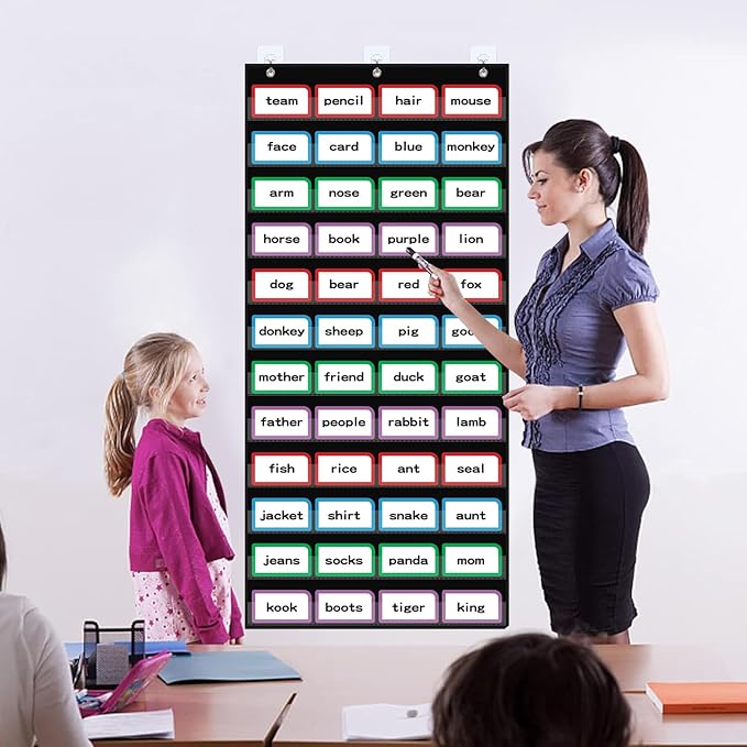 ANCOMEDO 20”W x 48.25”H Classroom Words Pocket Chart with 12 Clear Pockets, Black Standard Pocket Chart for Classroom and Home for Sentence Strips, Reusable Clear Pocket Hanging Words Chart (Black)