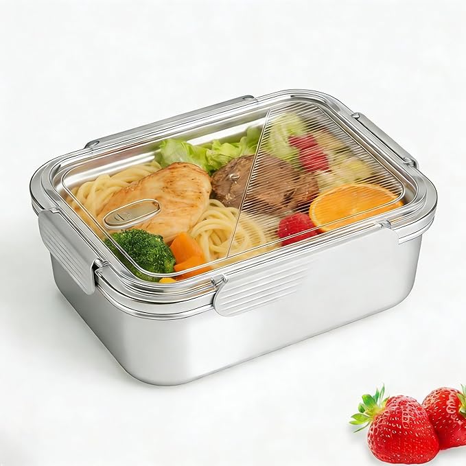 Stainless Steel Food Storage Containers with Leak-Proof Latching Lid, Reusable Bento Lunch Box for Snacks & Meal Prep, Oven/Dishwasher/Freezer Safe, Silver, 44oz