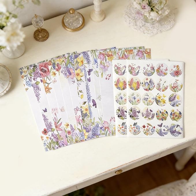 160 Pcs Stationery Paper Envelopes Set Includes 50 Writing Paper & 50 Envelopes with 60 Round Stickers, Cute Lovely Floral Letter Writing and Stationery Paper Envelopes for Girls Boy Office(10Style)