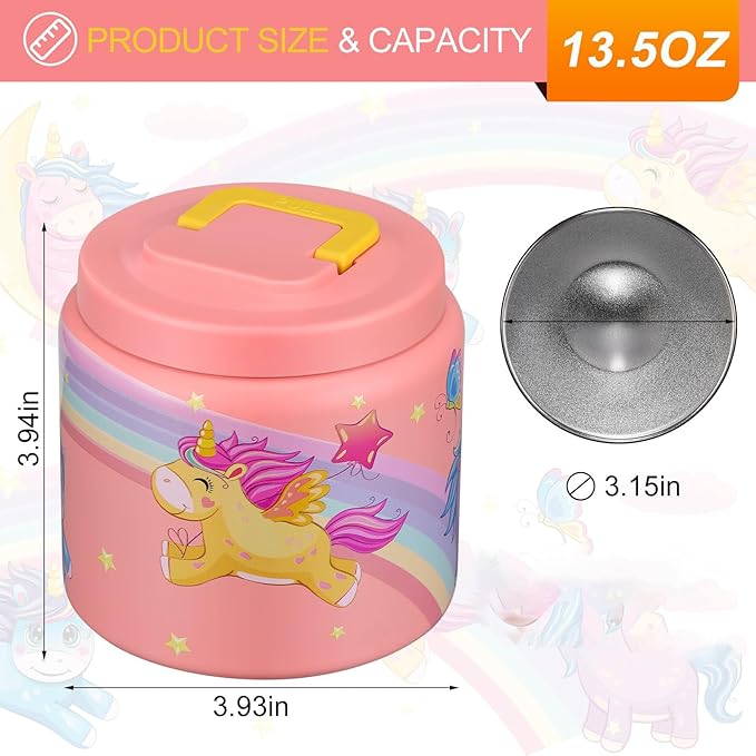 JXXM 13.5 Oz Thermo Food Jar for Hot & Cold Food for Kids, Insulated Lunch Containers Hot Food Jar,Leak-Proof Vacuum Stainless Steel Wide Mouth Lunch Soup Thermo for School (Rainbow Unicorn)