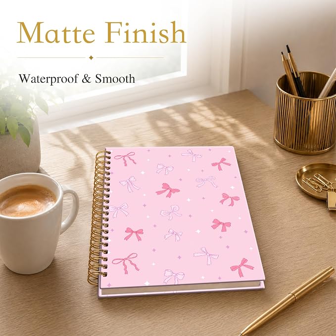 ATJFKIXL Cute Spiral Journal Notebook, A5 120 Page College Ruled Wirebound Notebook, Soft Cover for Students Office Notes and Planning - Pink Bow Sparkle