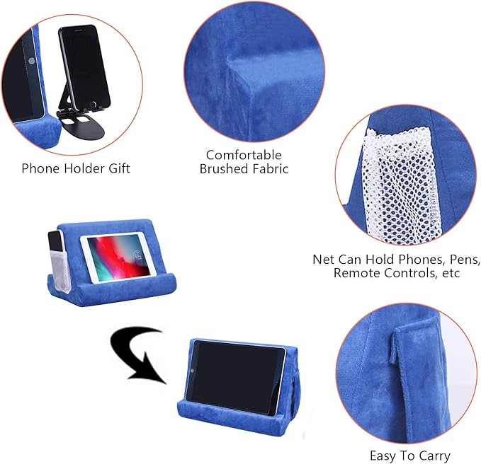 2pcs Multi-Angle Tablet Holder Cushion Stand with Net Pocket & Black Color Phone Stands Upgraded Tablet Pad Support for Phone,Pad,Books (Blue)