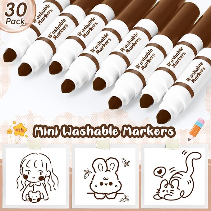 30 Pcs Mini Washable Markers Bulk Broad Line Conical Tip Washable Mark Pen Set Short Coloring Paint Pen for Art Projects Teacher Party Favors(Brown)