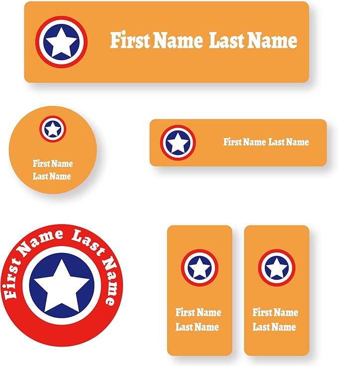 Personalized Kids Name Labels – Waterproof Custom Stickers for Daycare & School, Dishwasher & Laundry Safe (Captain - Orange)