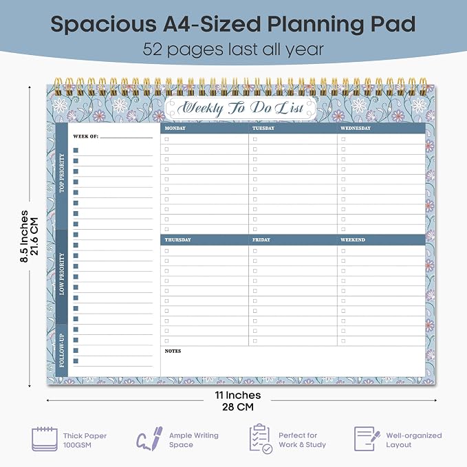 Weekly To Do List Notepad with 52 Undated Sheets（8.5"×11"）- Weekly Desk Planner for Women & Man, Work and Home - Misty Blue