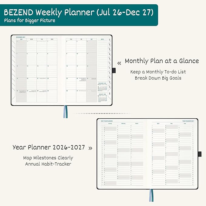 BEZEND Weekly Planner 2026-2027 (6" x 8.5") Horizontal Layout Notebook (Jul 26-Dec 27) 18 Months Academic Calendar & Monthly Tabs, Ideal for Students, Work & Home, PU Leather Hardcover -Purple