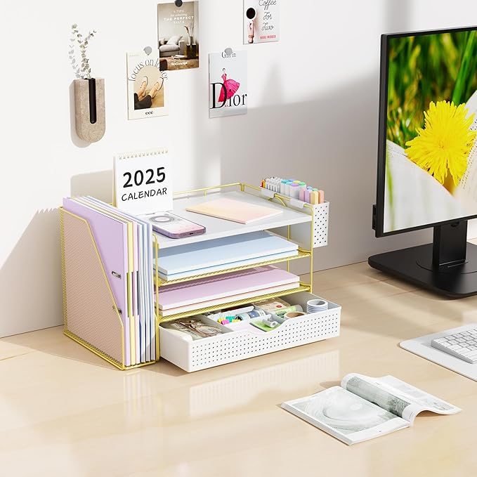 gianotter Wood Desk Organizers and Accessories with File Holder, 4-Tier Desk Accessories & Workspace Organizers with Drawer and Pen Holder, Desk Reference Organizer (Gold, 4T with Drawer)