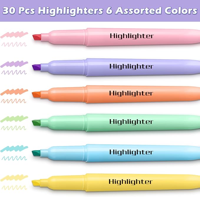 V-Opitos 30 Pack No Bleed Pastel Highlighters with Soft Chisel Tips | 6 Pastel Colors, Bright Highlighters, Office Supplies, School Supplies