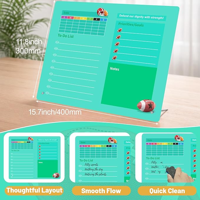 LeMotech Desktop Acrylic Dry Erase Board, 15.7x11.8 inches Weekly & to-Do List Planner, Tabletop Whiteboard with Stand, Office Supplies Includes 2 Markers & 1 Eraser, Green Football Pattern, 1 Pack