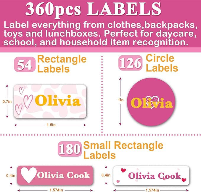 Daycare Name Labels for Kids, 360pcs Waterproof & Removable Name Stickers for Water Bottles, Lunch Boxes and School Daycare Name Tag (Love)