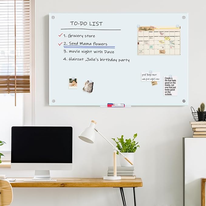 maxtek Magnetic Glass Dry Erase White Board, 48" x 32" Frameless Glass Board for Wall Mounted, Includes 6 Magnets, 3 Markers and 1 Eraser for Classroom Home, Office Supplies (White)