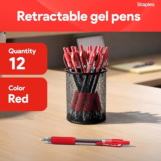 Staples Retractable Gel Pens, Fine Point, Red Ink, 12-Pack | Smooth, quick-dry writing for notes, editing, and everyday office use.
