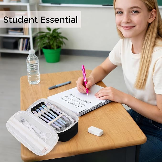 SKYDUE Black Pencil Case for Girls & Boys – Large Capacity Zippered Pencil Pouch with Multi-Compartment, Aesthetic Pencil Bag for School & Office Supplies