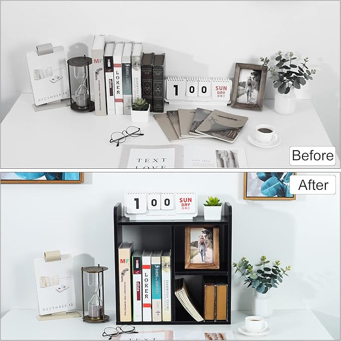PAG Desktop Shelf Freestanding Wood Small Bookshelf Desk Supplies Organizers and Accessories Storage Display Rack Office Decor for Women, Black