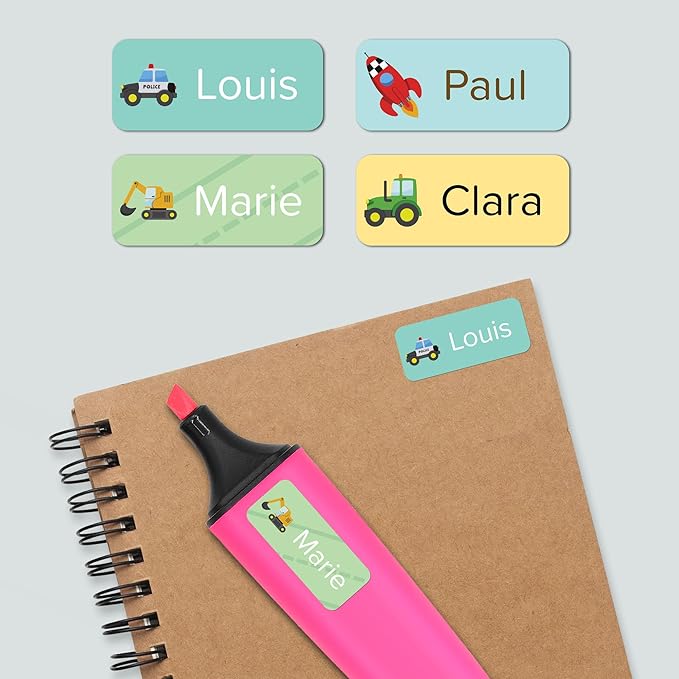 Name Labels for Kids (120 pcs) - Custom Waterproof Stickers for Daycare, Office and School Supplies (Motor)