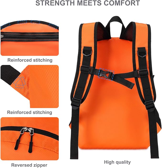 Lightweight Hiking Backpack 18L Packable Foldable Small Daypack Collapsible Travel Bag Water-Resistant for Adults (Orange)