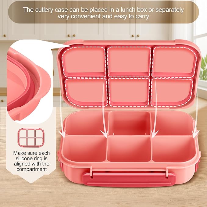 Amathley Lunch Box Kids Girls Boys,Bento Box Adult,Toddler Lunch Containers for School,Leakproof Snack Containers with 6 Compartments,Sauce Container,10 Food Picks and 4 Muffin Cups (Pink)