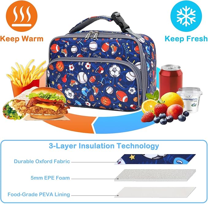 FlowFly Kids Lunch box with buckle Insulated Cooler Back to School Thermal Meal Tote Kit for Girls, Boys (Rugby)