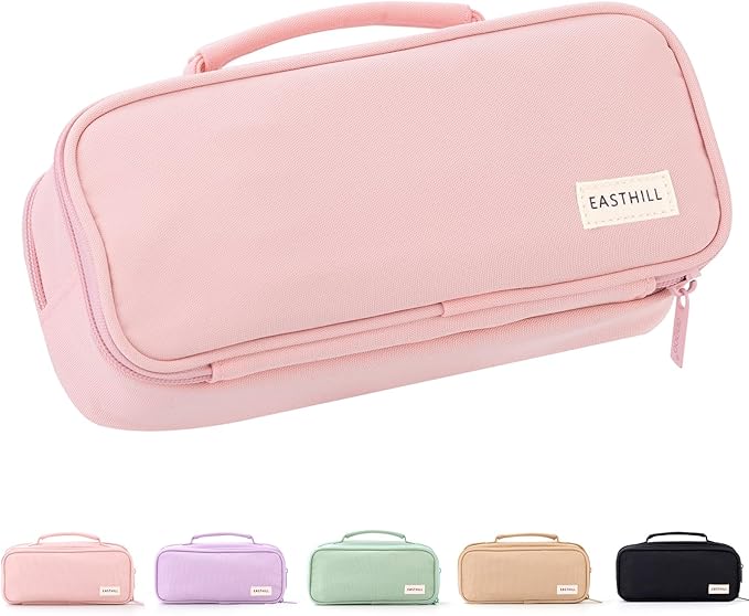 EASTHILL Large Capacity Pencil Case Pen Pouch Organizer Canvas Pencil Bag with Handle School Supplies for Teen Girls-Pink