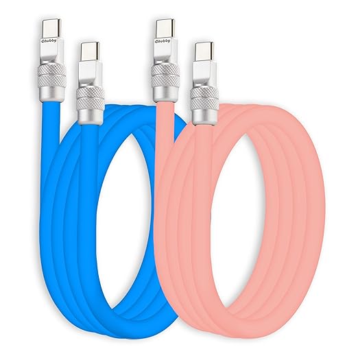 chubbycable Couple Chubby 2 Pack 240W USB C Cable Extra Thick Silicone Fast Charging Cable Compatible with iPhone 17-15 Series iPad Galaxy Series, Blue+Pink, Type-C to Type-C, 16.4FT