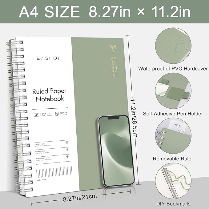 EMSHOI A4 College Ruled Spiral Notebook, Large 8.27"x11.2", Thick 300 Pages/150 Sheets, 100GSM Ink-Proof Waterproof PVC Cover Lay-Flat Lined Journal for Work Office School Writing, Light Green