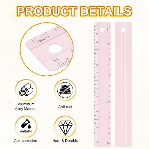 HARFINGTON Metal Straight Ruler 6 Inch(15cm) Metric Aluminum Alloy Measuring Rulers Scale Tool with Hole for Measure Study Reading Classroom Office, Light Pink