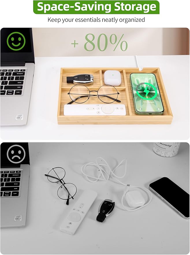 Bamboo Valet Tray with Dual Wireless Charger - EDC Nightstand Organizer for Men - Desk Tray & Catchall for Phone, Watch, Keys - Aesthetic Desk Accessories & Father’s Day Gift for Men (Natural)