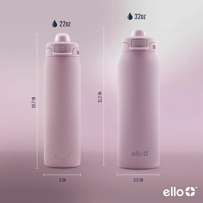 Ello Pop & Fill 22oz Stainless Steel Water Bottle with Quick Fill Technology, Double Walled and Vacuum Insulated Metal, Leak Proof Locking Lid, Sip and Chug, Reusable, BPA Free, Mauve