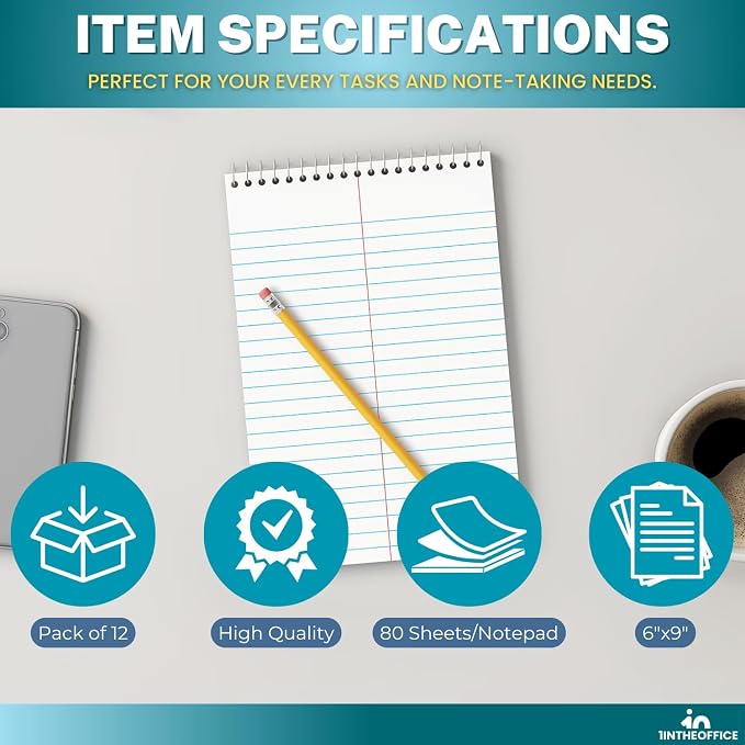 1InTheOffice Spiral Steno Pads, 6 x 9 in, Gregg-Ruled, White, 80 Sheets per Pad, Spiral Note Pads, 12 Pack
