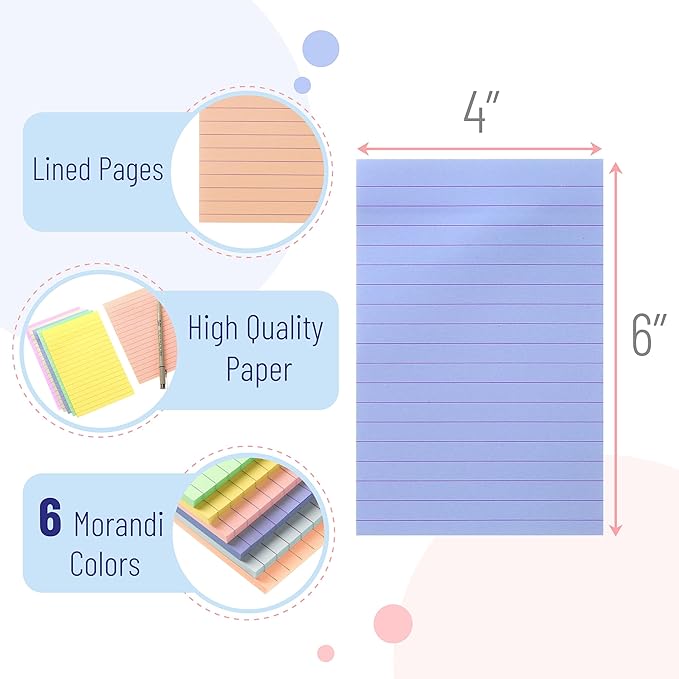 Mr. Pen- Lined Sticky Notes, 4" x 6", 6 Pads, 45 Sheets/Pad, Morandi Color, Sticky Notes with Lines, Ruled Post Stickies, Memo Pads, Self-Stick Note Pad for Office, School, Home, Study