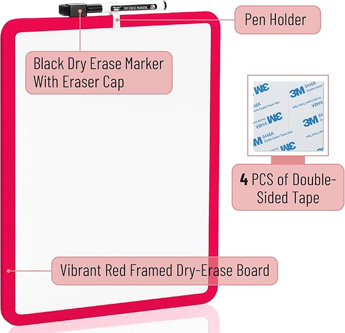 Mr. Pen- Dry Erase Board, 14” x 11” with a Black Dry Erase Marker, Red Frame, Small Mini White Board for Students, Fridge, Wall, Locker, Includes Double Sided Tapes