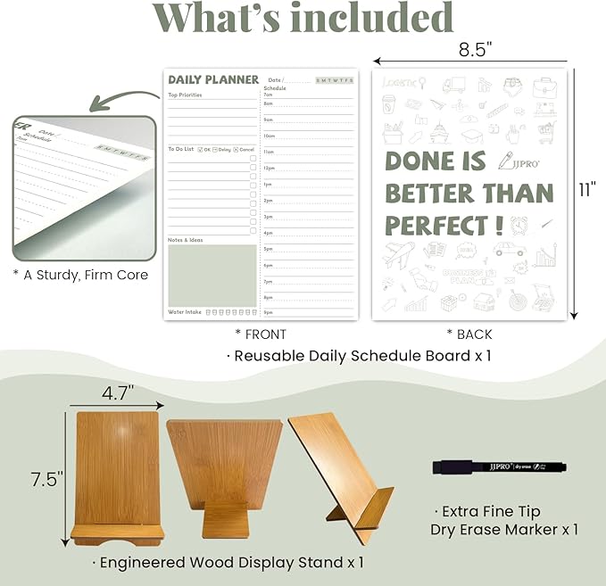 JJPRO Reusable Desktop Daily Planner with Stand,Reusable Time Schedule Board,11"x8.5" Hourly Schedule Dry Erase Board with Time Slots,Desk Hourly Dry Erase Board w/Engineered Wood Stand-Sage Green