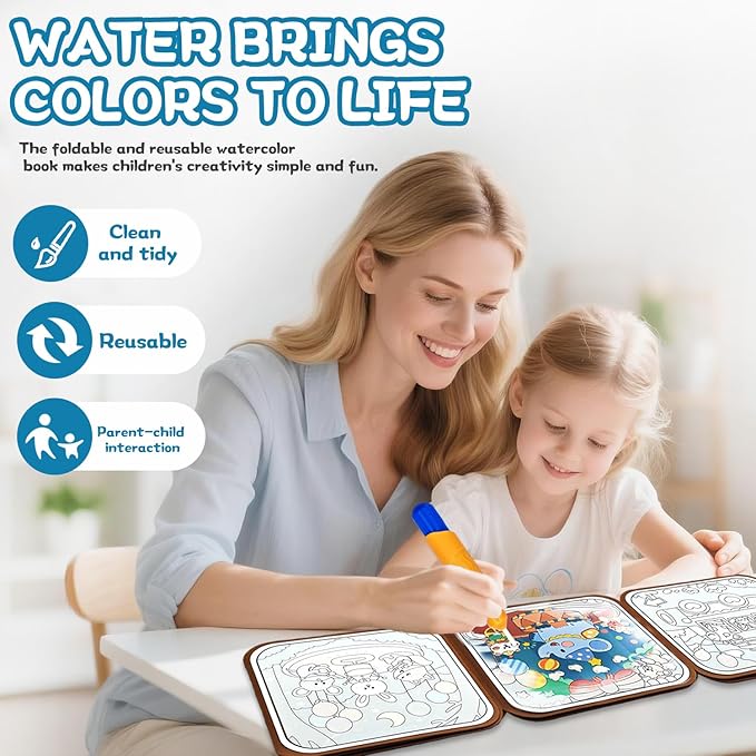 NaTuGi Reusable Magic Water Painting Books for Kids,Coloring Books for Toddler,Busy Book,3 Themes,No Mess Paint Coloring,for Ages 3+,Gift for Boys & Girls Travel Activity Toys (3 Books)