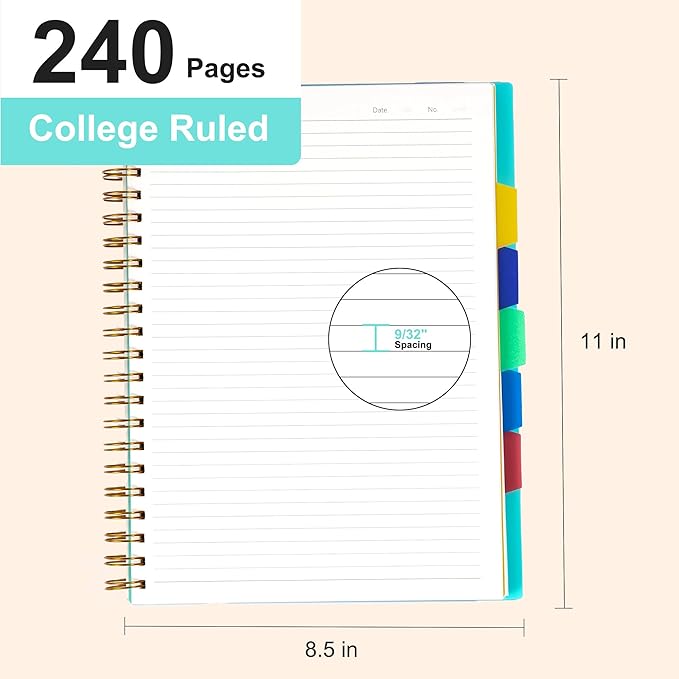 5 Subject Notebook 8.5 x 11 Large Spiral Notebook with Dividers 240 Pages Office Notebooks for Work Multi Subject Notebook with 5 Tabs Professional Organizer Notebooks for Note Taking School, Green