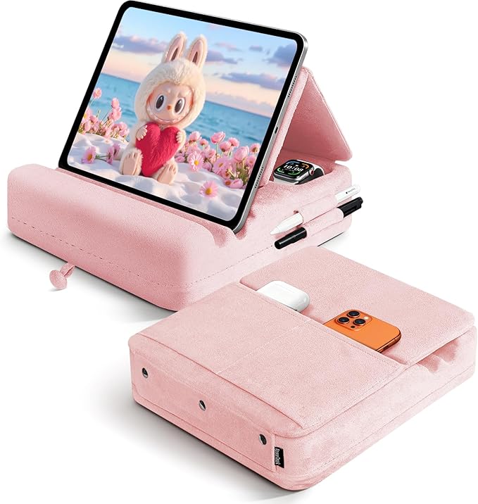 Tablet Pillow Stand with Storage, Foldable iPad Holder for Lep, Bed, Sofa, and Desk - Soft Pad Dock with Pocket and Stylus Mount Compatible with 4-13" iPad Pro/Air/Mini, Galaxy Tab, Kindle