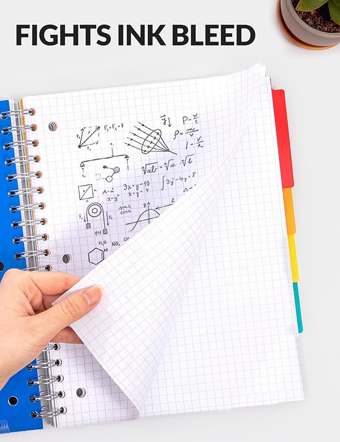 SUNEE Graph Paper Notebook 4x4 Grid Ruled – 300 Pages, 5 Tabbed Pocket Dividers, 8"x10.5", 3 Hole Punched, Durable PP Cover – Spiral Grid Notebook for Engineering, Work, School, Black