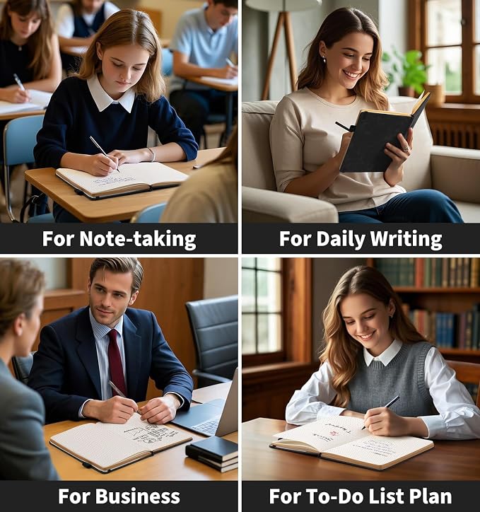 Dotted Journal Notebook, A5 200 Pages Leather Journals For Writing Women & Men Travel,Business,Work & School, College Ruled Notebooks Hardcover Journaling Notebooks Daily Diary, 5.7'' X 8.3''-Black