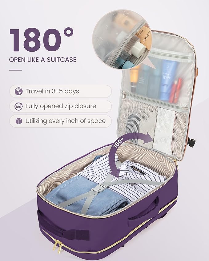 LOVEVOOK Travel Backpack for Women & Men 40L,Airline Approved Carry On Backpack Travel Essentials,TSA Carry on Luggage,Waterproof Personal Item Travel Bag,Suitcase with 3 Packing Cubes,Dark purple