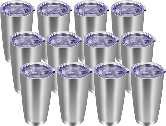 VEGOND 20oz Tumbler with Lid and Straw Stainless Steel Tumbler Cup Bulk Vacuum Insulated Double Wall Travel Coffee Mug Powder Coated Coffee Cup, Stainless, 12 Pack