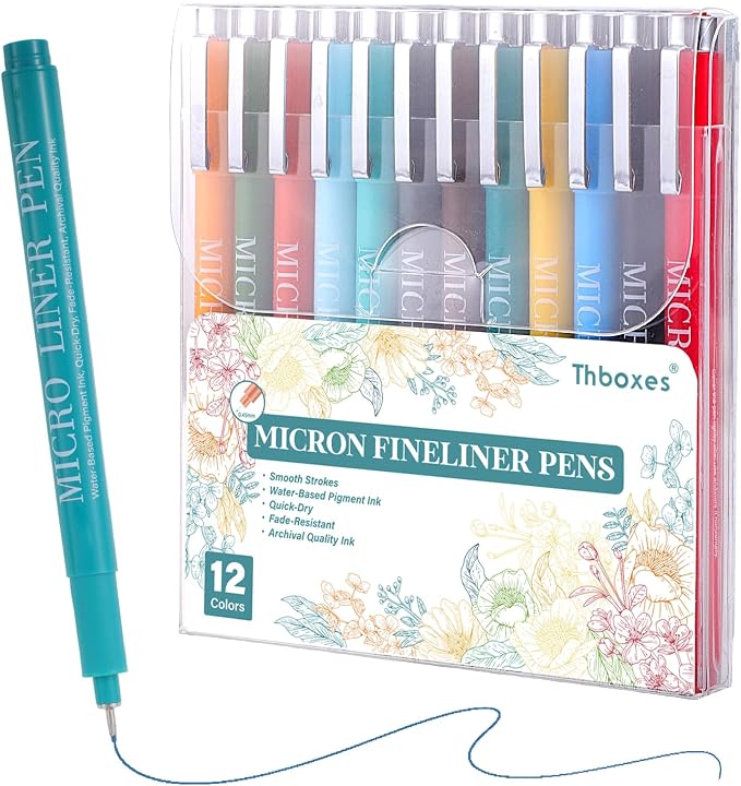 Thboxes Fineliner Pens Set, 12 Colors, 0.5mm Micro Tip, with Pouch