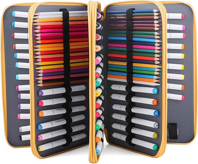 Vomgomfom 300 Slots Marker Bag, 4-Layer Zipper Portable Art Supply Organizer, PU Leather Large Capacity Marker Case Holds 100 Markers or 300 Colored Pencils with Handle (Yellow Flower)