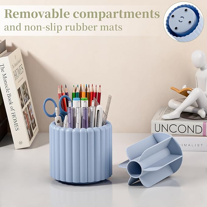 Anyoifax 360° Rotating Pen Holder 7 Slots Desk Organizer Removable Pencil Cup Plastic Art Supplies and Accessories Desktop Storage Box Caddy for Office, School, Home (Blue)