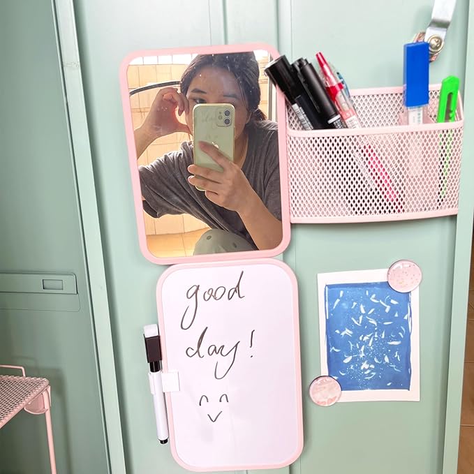 Svartur Magnetic Locker Accessories for Girls with Magnetic whiteboard, Locker Mirror and Magnetic Pen Holder, Pink Locker Decoration for School Locker, Back to School Essentials