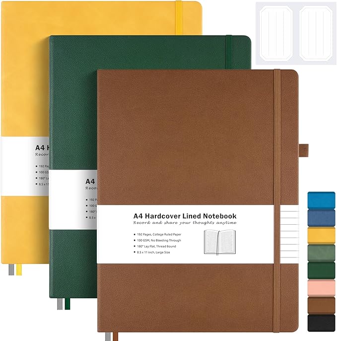 3 Pack College Ruled Notebook, A4 Hardcover Leather Notebook for Work, Lined Notebook Journal for Women, Men, 192 Thick Paper, 8.5" x 11", Large Notebook, Professional Business Notebook, Multicolor