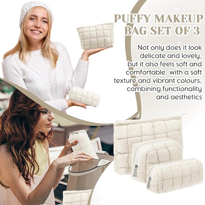 Huhumy 3 Pcs Puffy Makeup Bag Quilted Cosmetic Pouch for Women Cute Checkered Travel Toiletry Bag Puffer Makeup Organizer Purse Pouch Preppy Pencil Case with Zipper
